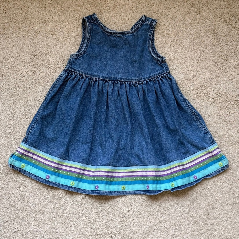 Vintage Baby Gap Denim Dress 18-24 Months Floral Ribbon Trim Blue Cotton 720231